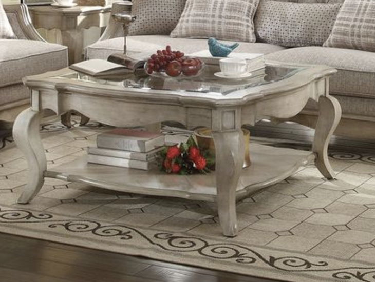 Chelmsford clear glass coffee table with beveled top and shelf, featuring taupe finish, by HouseOfZazla.