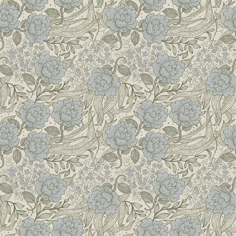 Blue peony floral wallpaper by North and Finch featuring large, detailed peony blooms in soft pigeon blue tones.