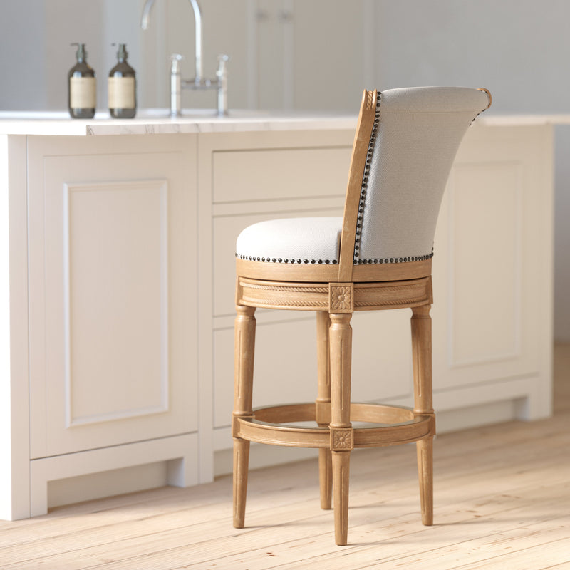 Charlotte Swivel Barstool by Carolina Barstool featuring weathered oak wood frame and gray fabric upholstery with back support.