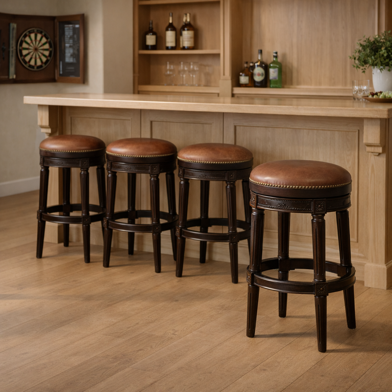 Backless Carolina Barstool in caramel with a swivel seat, shown in a modern living room setting.