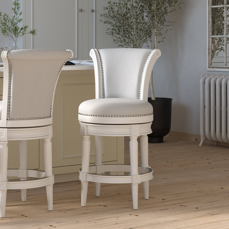 Charlotte swivel barstool by Carolina Barstool with white wood frame and grey fabric seat, perfect for modern kitchen or bar area.