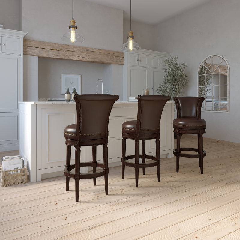 Charlotte swivel barstool in distressed walnut wood with backrest, featuring a modern design from Carolina Barstool.