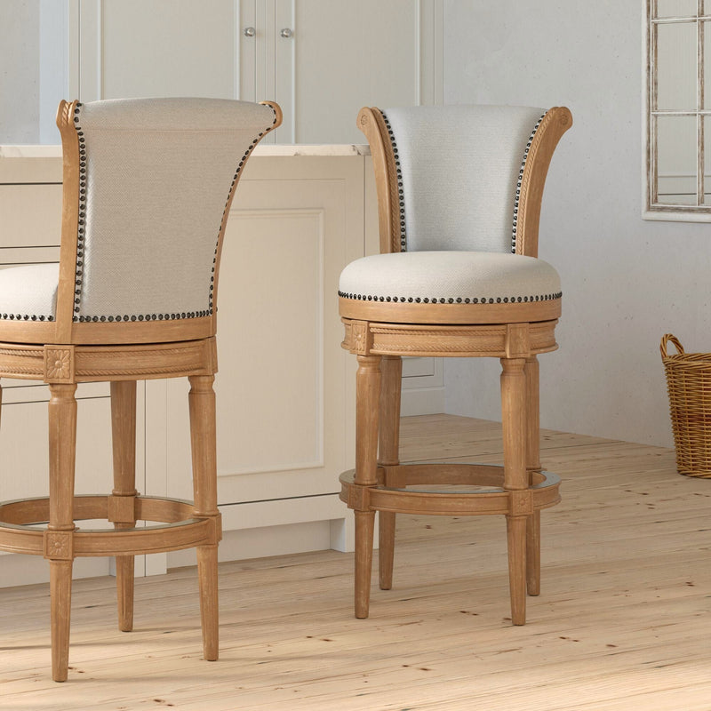 Charlotte swivel barstool in weathered oak wood with a cushioned seat, featuring a modern design from Carolina Barstool.
