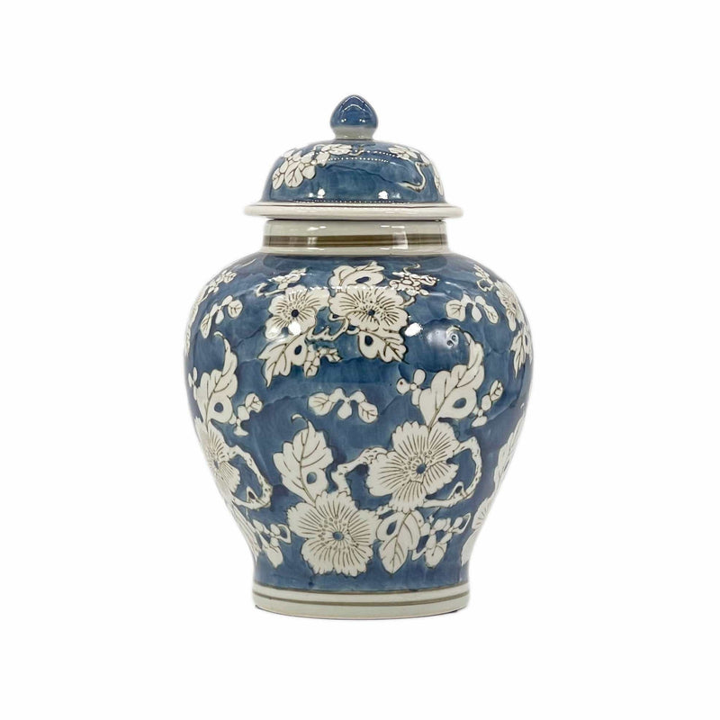 Blue floral Chinoiserie ceramic ginger jar, 12-inch decorative ginger jar with intricate floral design and glossy finish.