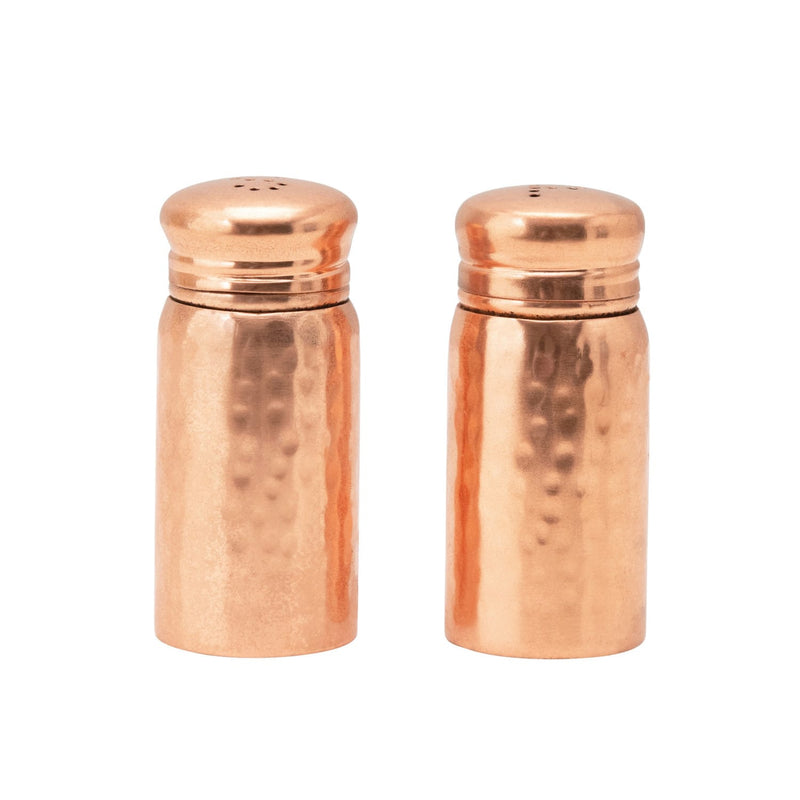 Hammered stainless steel salt and pepper shakers set of 2, rustic modern kitchen accessories, shiny and textured finish.