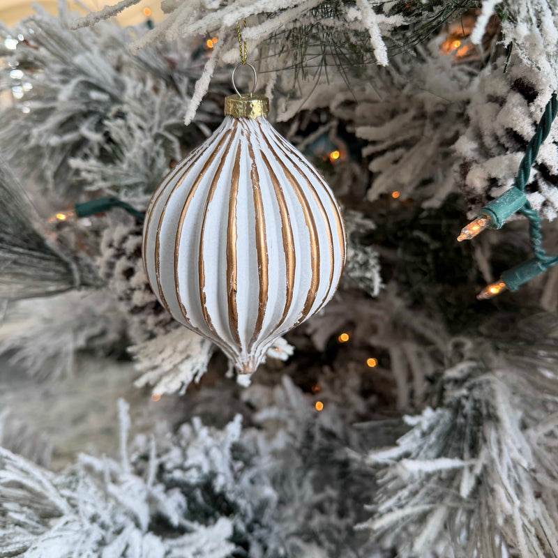 White and gold rustic lattice finial glass Christmas ornament, vintage style, 5-inch holiday decoration with intricate design.