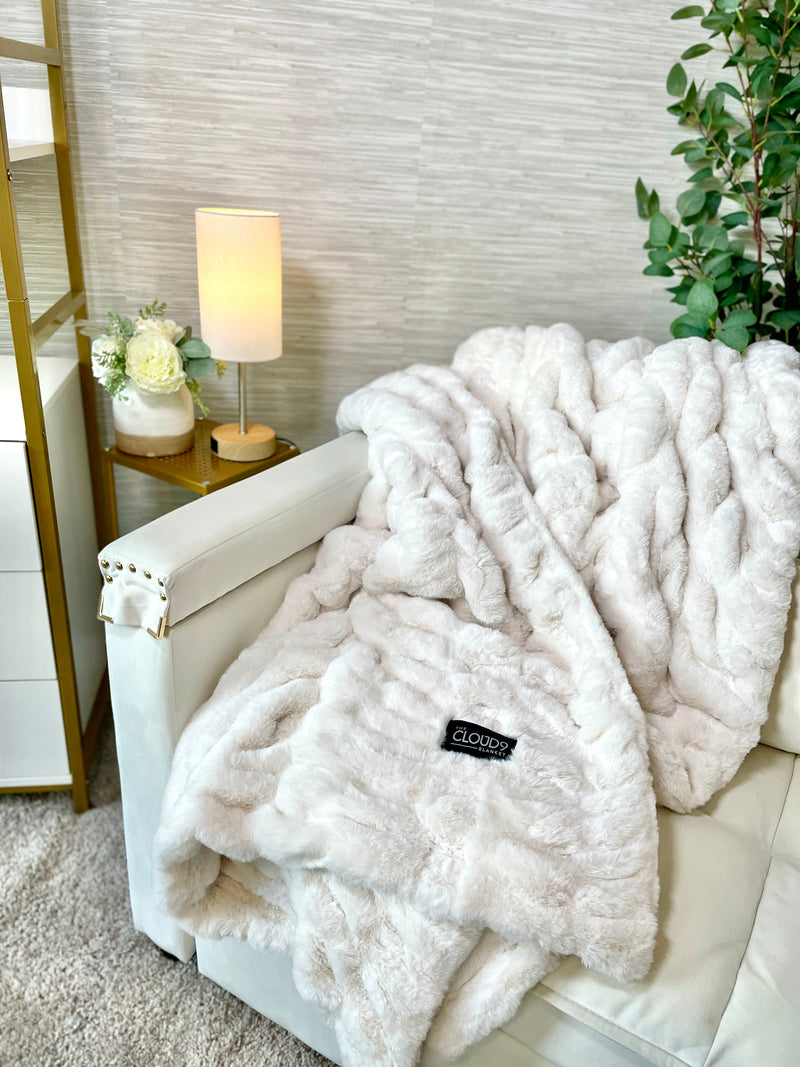 Large ivory faux fur blanket by Cloud9, showing soft, plush texture, 60x72 inches, perfect for cozy home decor.