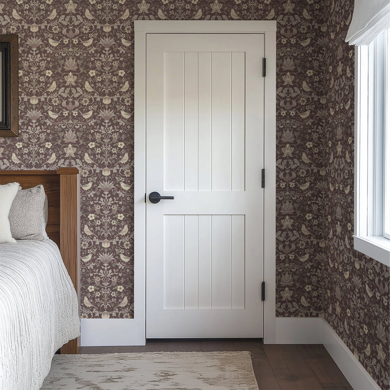North and Finch Millie in Plum wallpaper featuring a stylish floral pattern in rich plum tones.