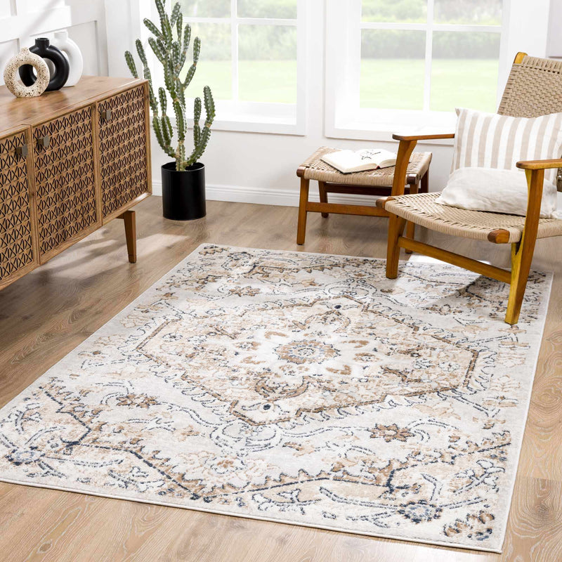 Hauteloom Mudgee Area Rug in a cozy room scene, showcasing its intricate design and soft, durable fabric for living spaces.