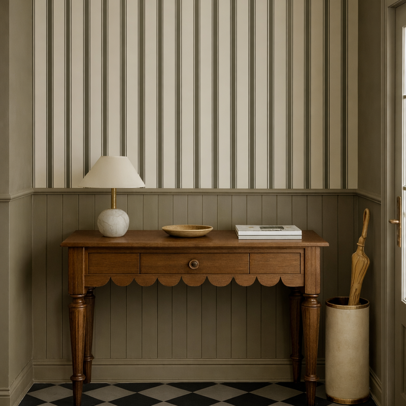 North and Finch Walter Stripe wallpaper featuring bold white and navy blue horizontal stripes on textured surface.