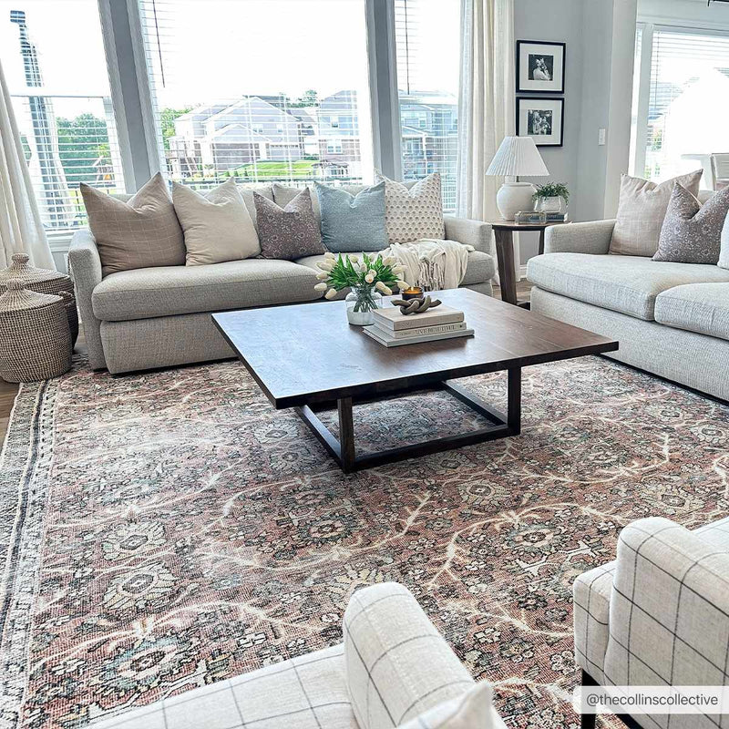 Hauteloom Urpi Rose and Brown washable area rug with floral pattern, 9x12 feet, featuring soft rose and brown tones.