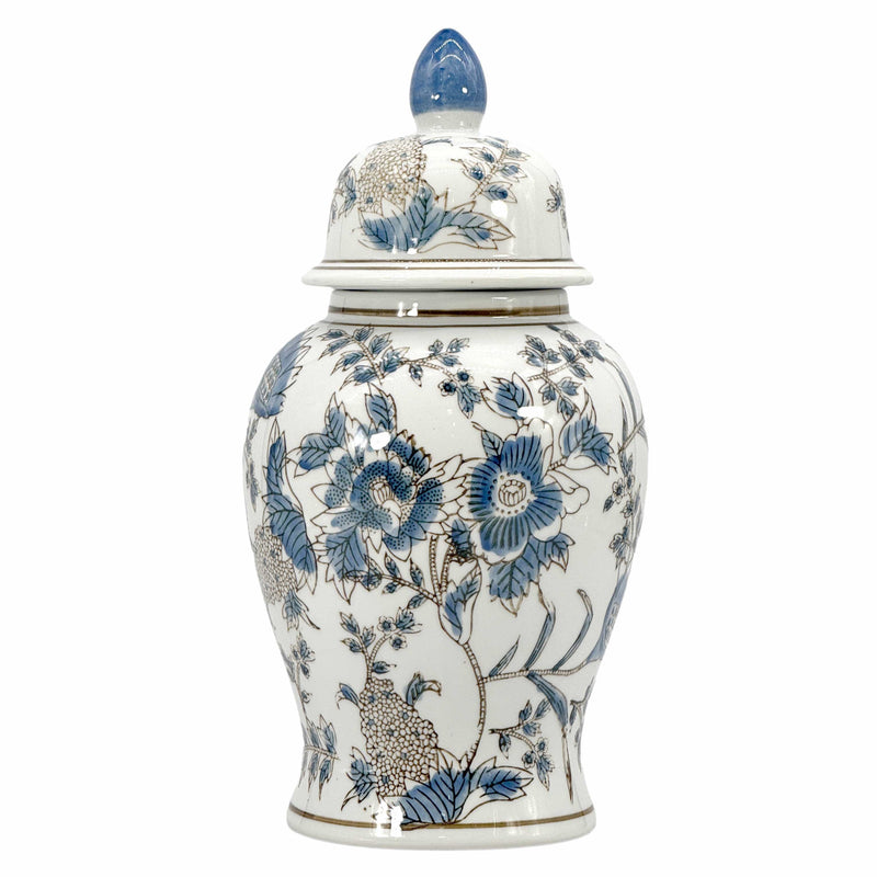 White and blue Chinoiserie ginger jar, 14-inch decorative ceramic jar with intricate Asian-inspired patterns.