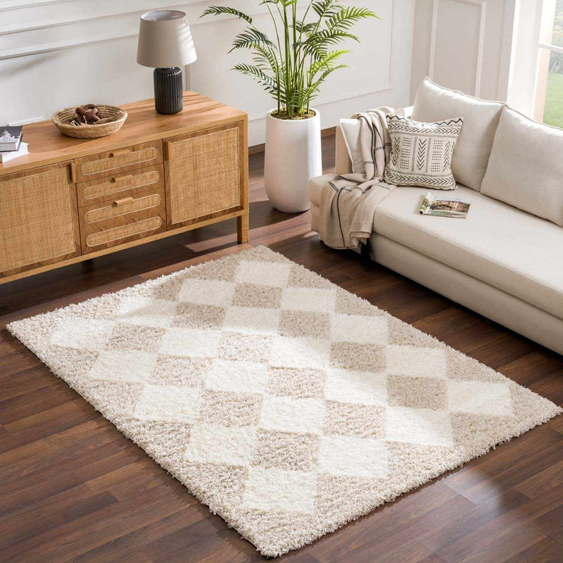 Hauteloom Zahur cream and beige diamond area rug displayed in a room setting with modern decor.