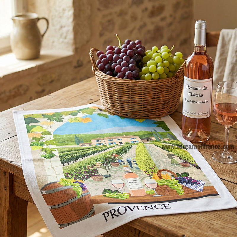 French Provence Winery cotton kitchen towel by I Dream of France featuring a printed winery design for kitchen decor.