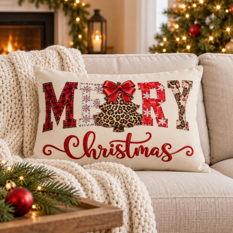 BlackbirdOak Merry Christmas leopard tree lumbar pillow with festive holiday leopard print and cozy design.