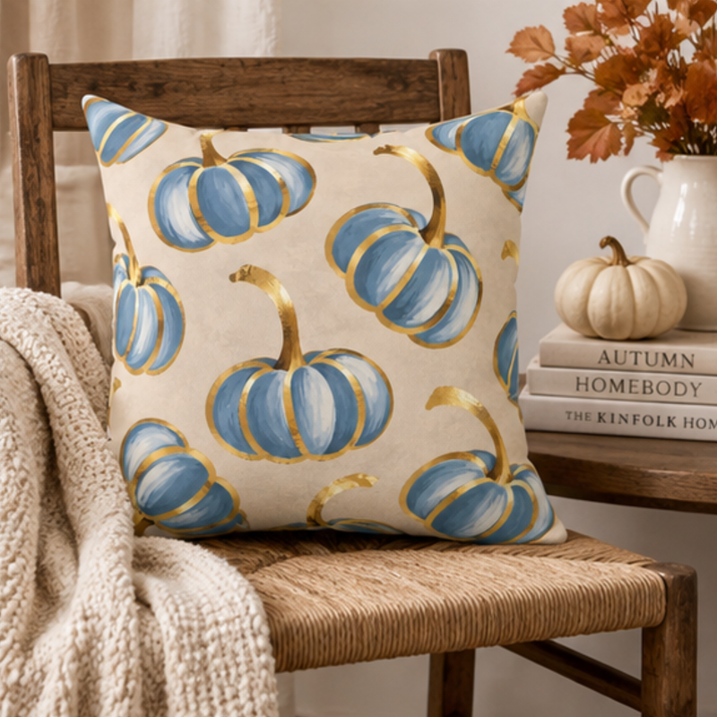 Blue pumpkin throw pillow with gold accents, Kraft Paper Scissors home decor, 18x18 inch fall-themed decorative pillow.