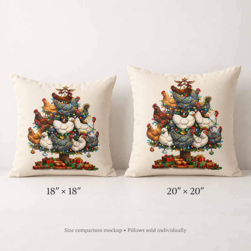 Chicken Christmas Tree Pillow by Kraft Paper Scissors, holiday farmhouse throw pillow with festive chicken and Christmas tree design.