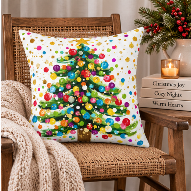 Bright colorful Christmas Tree throw pillow from Kraft Paper Scissors featuring festive holiday home decor, 18x18 inches.