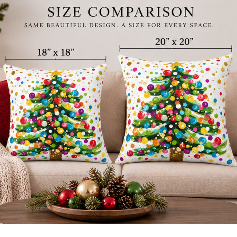 Colorful Christmas Tree throw pillow by Kraft Paper Scissors featuring a bright holiday design, perfect for festive home decor.