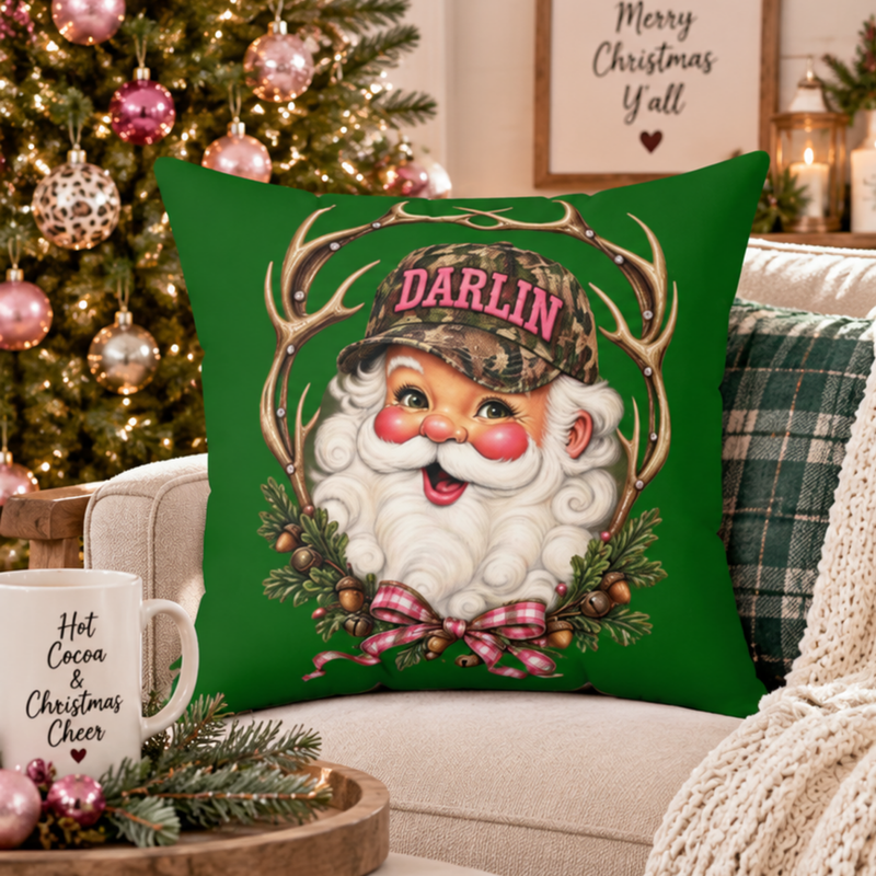 Darlin Santa with Antler Wreath Christmas Pillow by Kraft Paper Scissors, festive home decor throw pillow with holiday design.