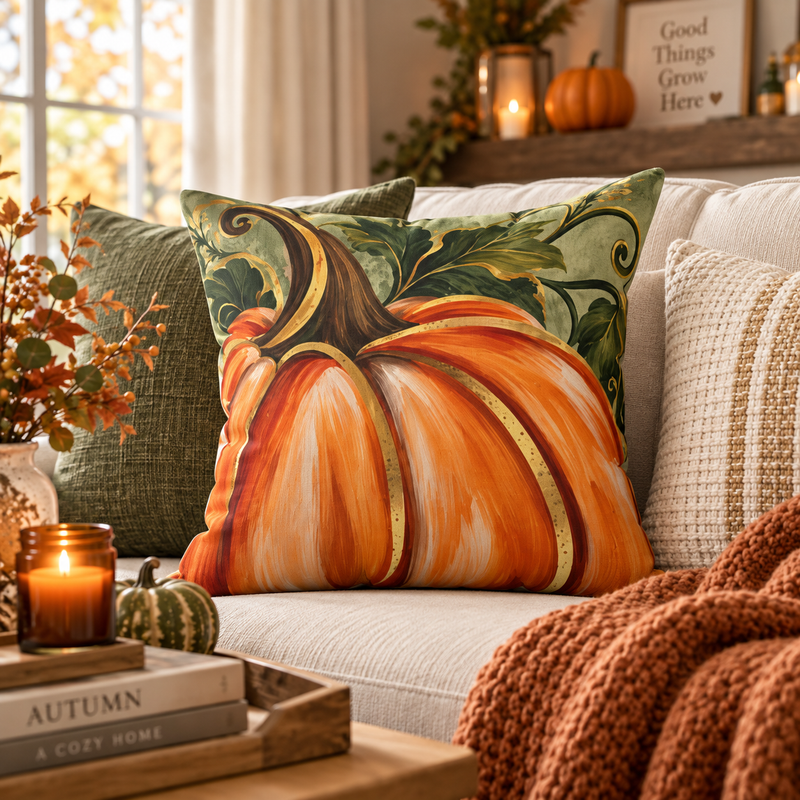 Hand-painted pumpkin pillow from Kraft Paper Scissors, 18x18-inch square home decor pillow in spun polyester for fall autumn decor.