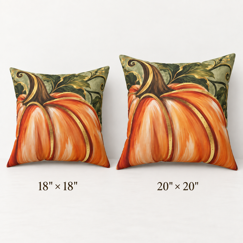 Hand-painted pumpkin pillow by Kraft Paper Scissors, 18x18-inch square home decor pillow for fall autumn decor.