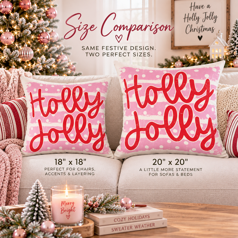 Festive pink Holly Jolly holiday throw pillow with script design, Kraft Paper Scissors home decor, 18x18 inches.