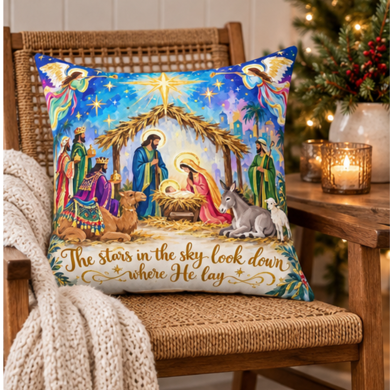 Nativity Scene Christmas Pillow by Kraft Paper Scissors, square spun polyester home decor with festive holiday design.