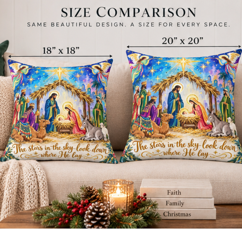 Nativity Scene Christmas Pillow by Kraft Paper Scissors, square home decor pillow with spun polyester fabric featuring festive holiday design