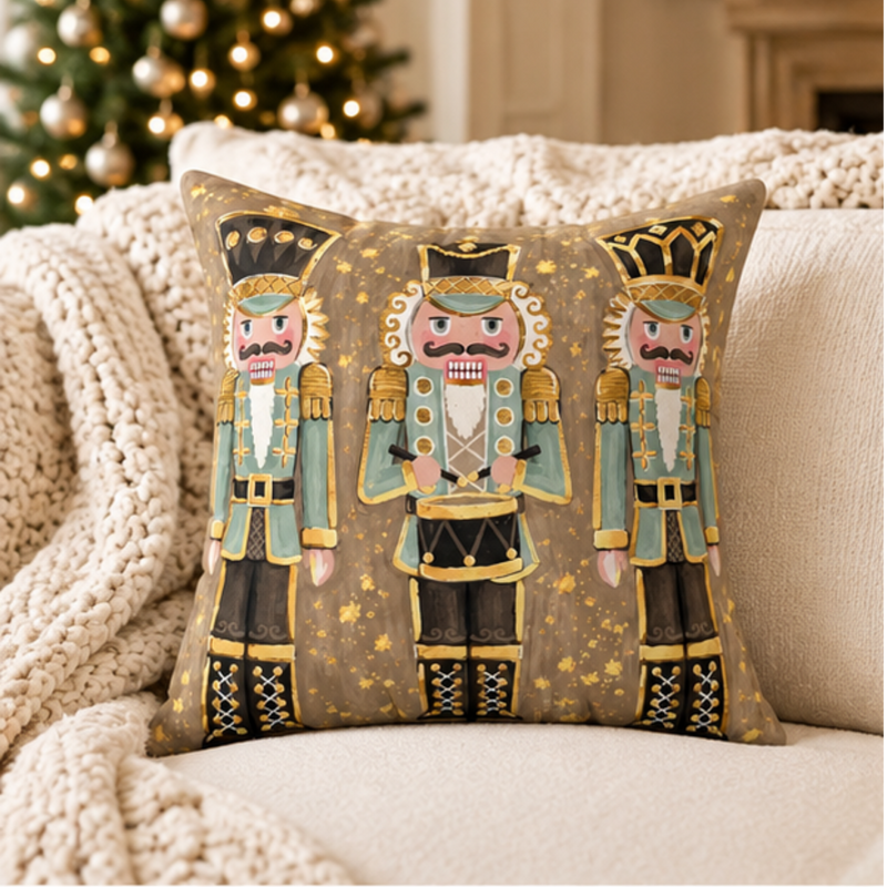 Nutcracker Soldiers Christmas pillow by Kraft Paper Scissors, festive holiday decorative throw pillow for home decor.