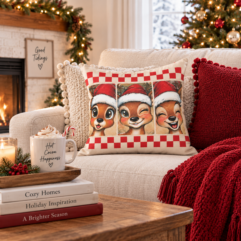 Winking reindeer trio spun polyester pillow for Christmas holiday decor, featuring festive reindeer designs on a cozy cushion.