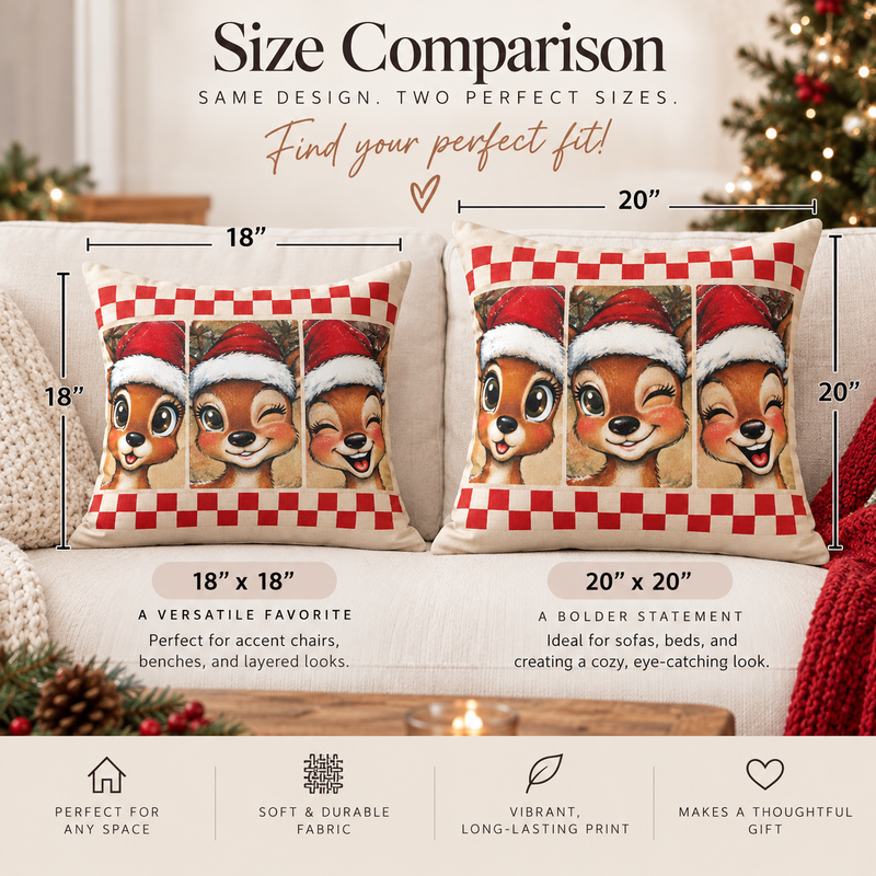 Winking reindeer trio spun polyester Christmas pillow for holiday home decor featuring festive deer design.