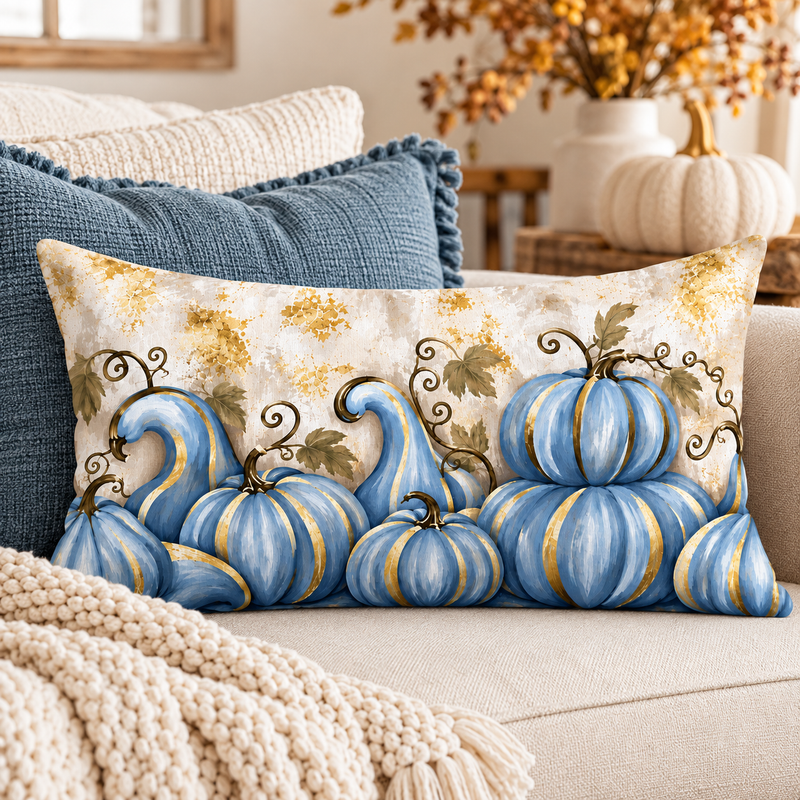 Blue pumpkin lumbar pillow with gold accents, elegant fall-themed home decor throw pillow by Kraft Paper Scissors.
