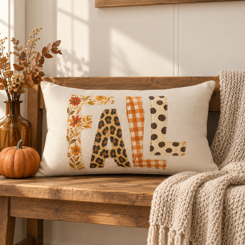 Fall lumbar pillow by Kraft Paper Scissors featuring autumn plaid and leopard print accent for cozy home decor.