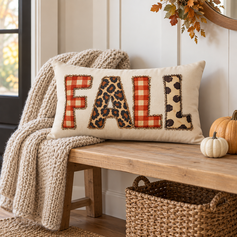 Fall lumbar pillow with rustic plaid and leopard print accent, decorative home decor by Kraft Paper Scissors.