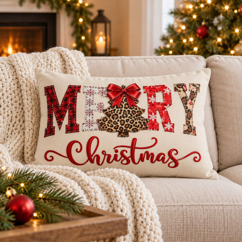 Merry Christmas leopard tree lumbar pillow from Kraft Paper Scissors featuring festive holiday home decor with leopard print design.