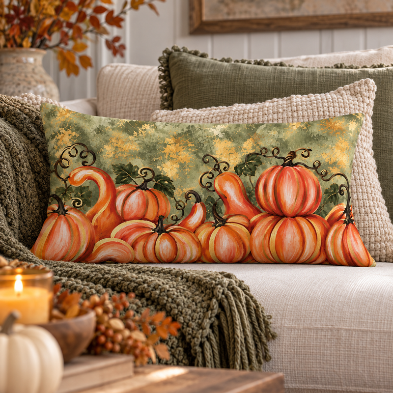 Orange pumpkin watercolor lumbar pillow by Kraft Paper Scissors, fall-themed home decor with sage green and gold accents.