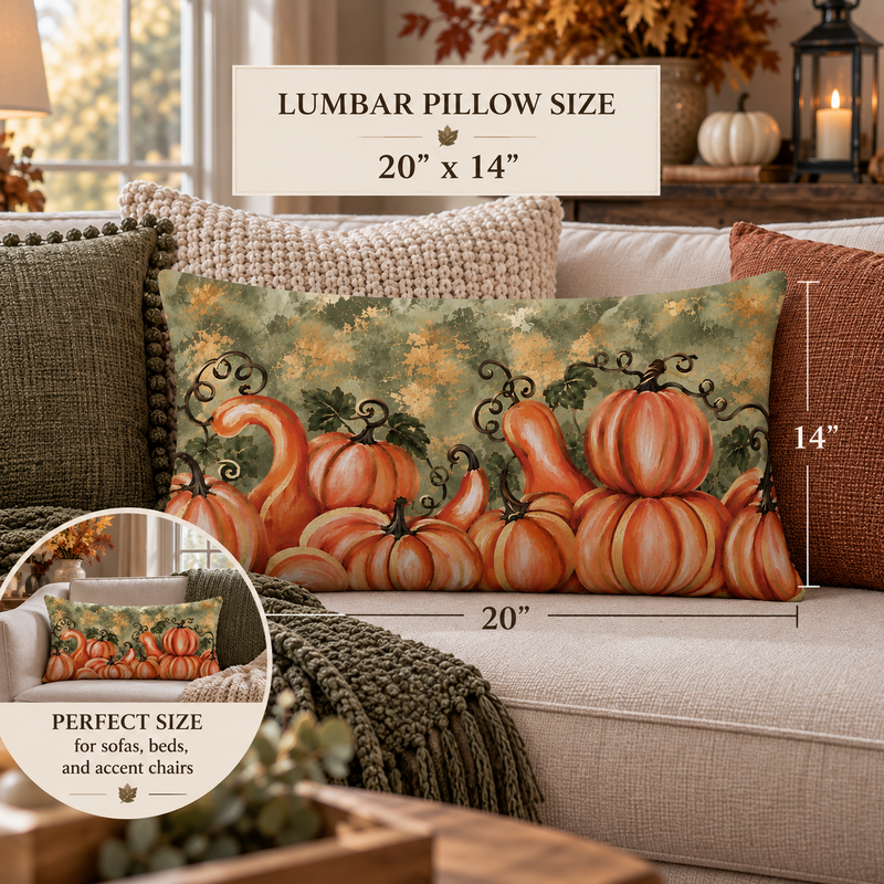 Orange pumpkin watercolor lumbar pillow with sage green and gold accents, home decor throw pillow by Kraft Paper Scissors.
