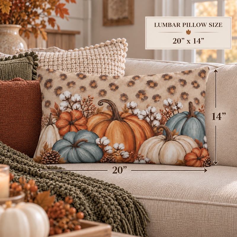 Rustic pumpkin lumbar pillow by Kraft Paper Scissors with blue, orange, and cream fall-themed fabric for cozy home decor.