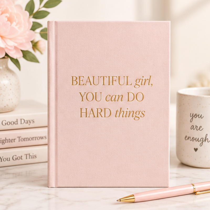 Pink fabric journal titled "Beautiful Girl, You Can Do Hard Things" by BlackbirdOak with kraft-paper scissors illustration.