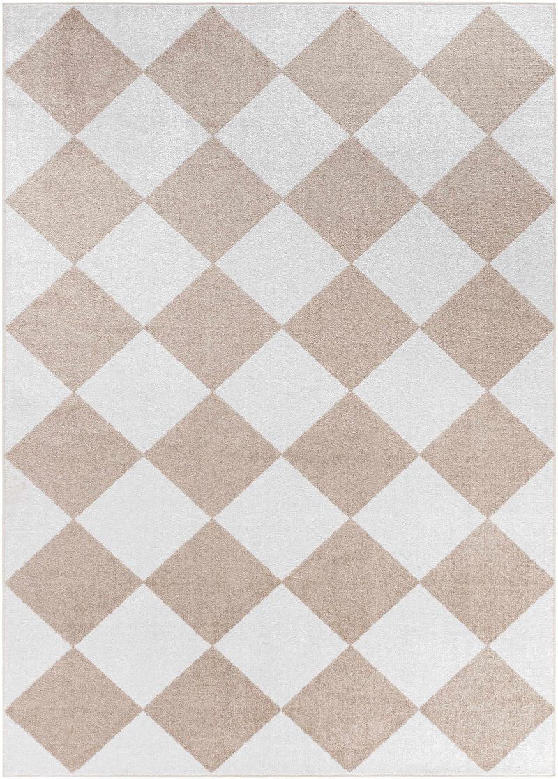 Hauteloom Ulric washable area rug with geometric pattern, soft texture, and neutral colors suitable for living rooms or bedrooms.