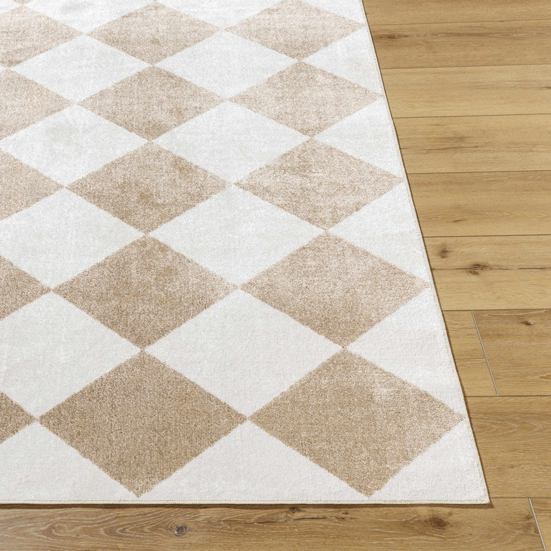 Hauteloom Ulric washable area rug with geometric pattern in neutral tones, shown from the front. Durable and easy to clean.
