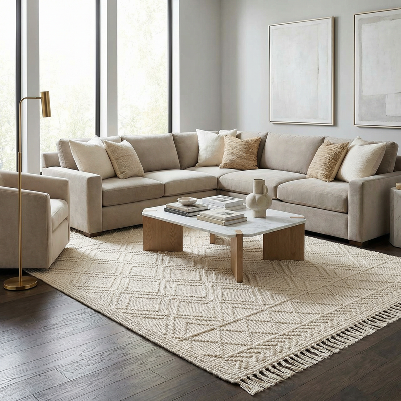 Ramsbury Beige Trellis Wool Rug from Boutique Rugs, showcasing a classic geometric trellis pattern in beige and neutral tones.