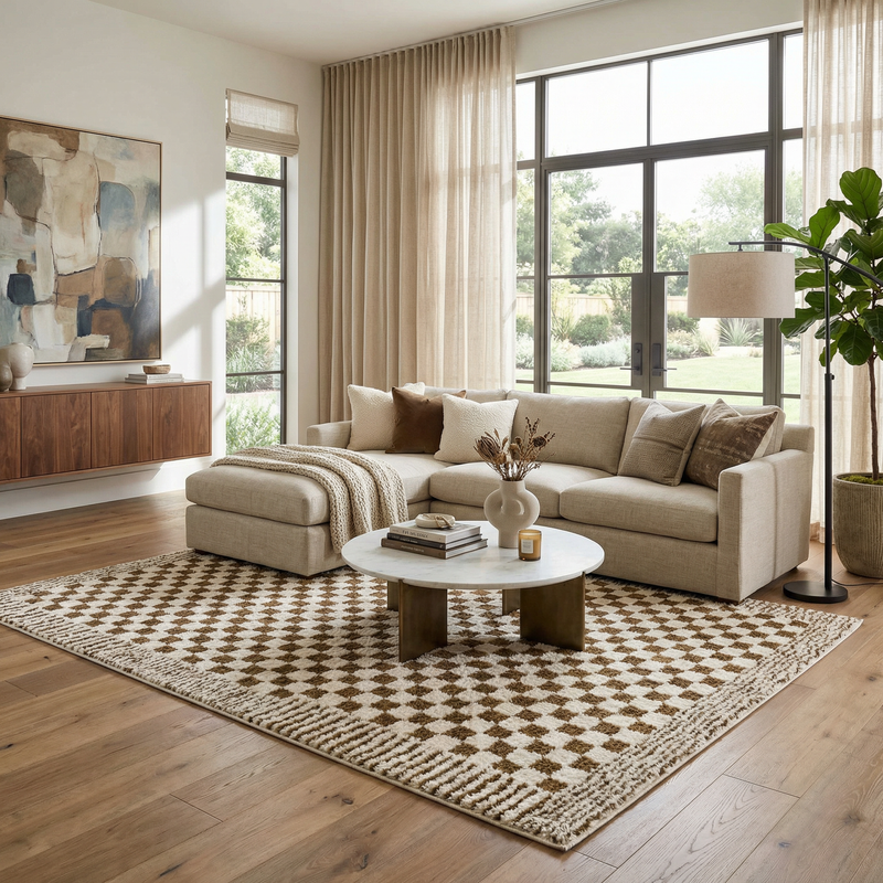 Checkered plush rug by Boutique Rugs featuring a soft, brown and beige plaid pattern, perfect for cozy living room decor.