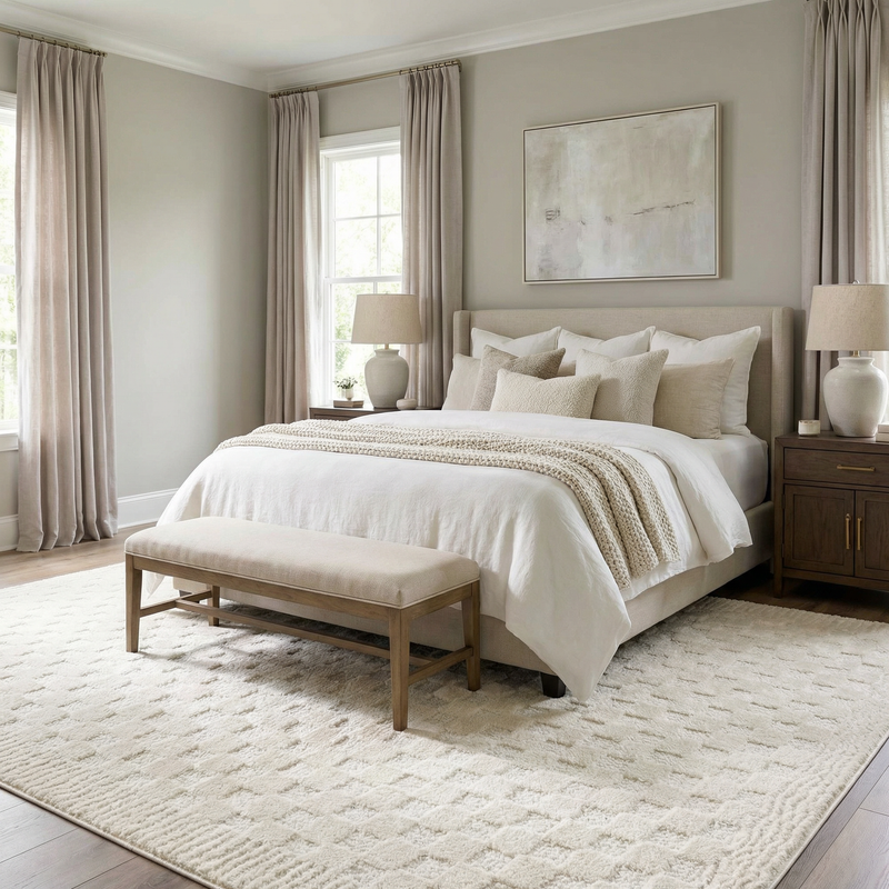 Leryn Ivory Checkered Area Rug by Boutique Rugs featuring a soft, checkered pattern in ivory tones on a plush rug surface.