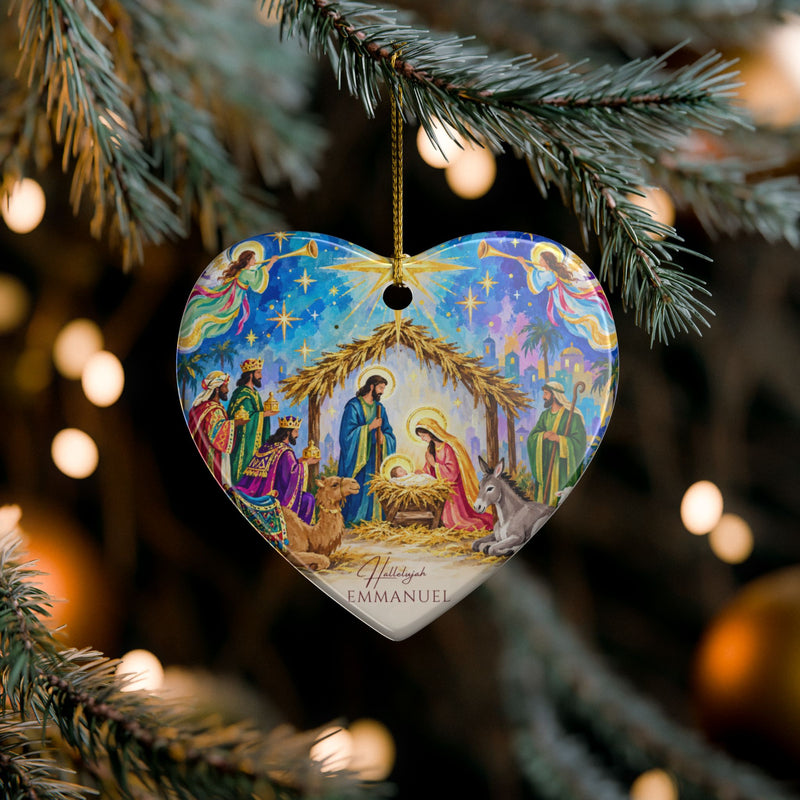 Heart-shaped ceramic nativity scene ornament, Printify home decor Christmas decoration, featuring festive holiday design.