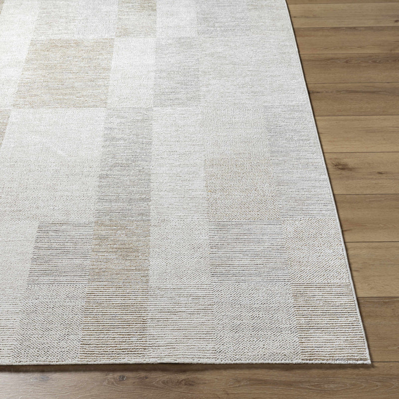Front view of the Radia Luxe Rug by Boutique Rugs, showcasing its intricate pattern and soft, plush texture in neutral tones.