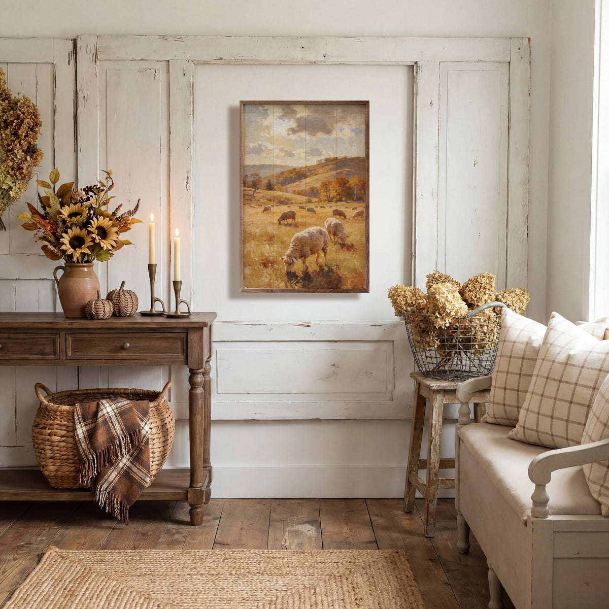 Walnut frame with artwork titled Autumn Sheep In The Pasture by Kendrick Home, showing a pastoral scene with sheep in autumn colors.