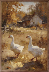 Walnut frame with artwork of geese in an autumn field, featuring country scene with vibrant fall colors and rural landscape.
