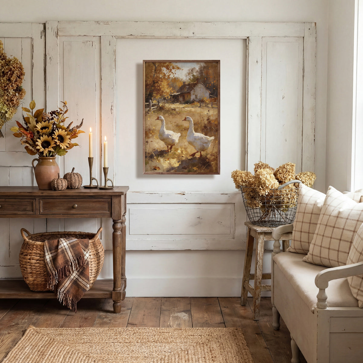 Walnut frame featuring a country goose scene in an autumn field, suitable for home decor by Kendrick Home.